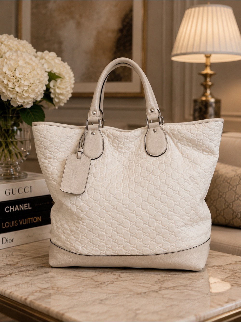 Authentic Gucci Guccissima Padded Embossed GG Leather Trim Large Tote Bag Ivory